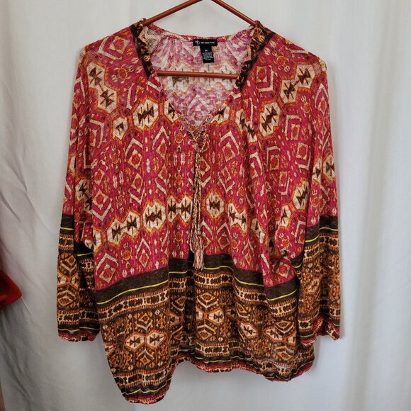 New Directions Top Woven Tapestry Abstract Peasant BOHO colorful fringe tie XL - Picture 1 of 12